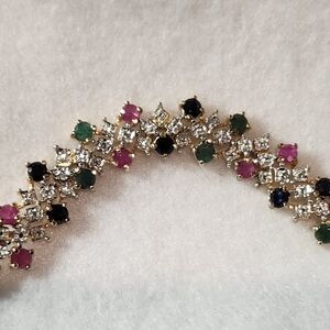 Gemstone Bracelet 7.5" Black & White Diamonds. Emerald. Pink Quartz. 18k Overlay